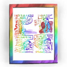 Load image into Gallery viewer, webcomic. / I used to be a victim of hiccups. Jo: &quot;HICCUP! oh.. oh no.&quot; / I would hiccup for hours. Jo, sitting on a couch, in a blue suit and red tie (Simpsons reference): &quot;HIC! - K*** me. HIC! - K*** me. HIC! - K*** me.&quot; / I finally found my cure: eating a spoonful of sugar. Jo: &quot;omfg it&#39;s over.&quot; / This may have triggered my sugar addiction though. Lucy on Jo&#39;s lap, looks at  Jo: &quot;...Are you okay?&quot; Jo, looking at Lucy, meserized: &quot;OMG.. PEEPS&quot; / ko-fi.com/rainbowofcrazy / Rainbowofcrazy.com
