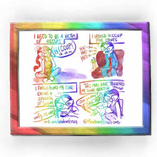 Load image into Gallery viewer, webcomic. / I used to be a victim of hiccups. Jo: &quot;HICCUP! oh.. oh no.&quot; / I would hiccup for hours. Jo, sitting on a couch, in a blue suit and red tie (Simpsons reference): &quot;HIC! - K*** me. HIC! - K*** me. HIC! - K*** me.&quot; / I finally found my cure: eating a spoonful of sugar. Jo: &quot;omfg it&#39;s over.&quot; / This may have triggered my sugar addiction though. Lucy on Jo&#39;s lap, looks at  Jo: &quot;...Are you okay?&quot; Jo, looking at Lucy, meserized: &quot;OMG.. PEEPS&quot; / ko-fi.com/rainbowofcrazy / Rainbowofcrazy.com
