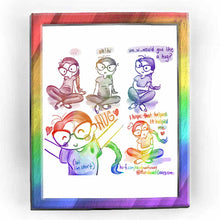Load image into Gallery viewer, web comic. (note: the colours of the following images are muted:) Jo sitting cross legged on the floor, leaning back slightly, staring at the ground. &quot;...&quot; / Jo, glances up at you. &quot;oh! hi&quot; / Jo, one hand on the other arm, feeling a little shy: &quot;um.. w.. would you like a hug?&quot; / (colours of the following images are full vibrant colours:) Jo reaches up to give you a &quot;HUG ❤️&quot; on her shirt, a caption says, &quot;(lol I&#39;m short&quot;) / Jo, smiling:. &quot;I hope that helped. It helped me. ❤️&quot; / ko-fi.com/rainbowofcrazy / @ R
