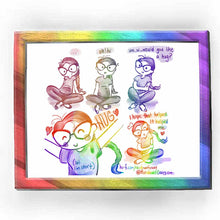 Load image into Gallery viewer, web comic. (note: the colours of the following images are muted:) Jo sitting cross legged on the floor, leaning back slightly, staring at the ground. &quot;...&quot; / Jo, glances up at you. &quot;oh! hi&quot; / Jo, one hand on the other arm, feeling a little shy: &quot;um.. w.. would you like a hug?&quot; / (colours of the following images are full vibrant colours:) Jo reaches up to give you a &quot;HUG ❤️&quot; on her shirt, a caption says, &quot;(lol I&#39;m short&quot;) / Jo, smiling:. &quot;I hope that helped. It helped me. ❤️&quot; / ko-fi.com/rainbowofcrazy / @ R
