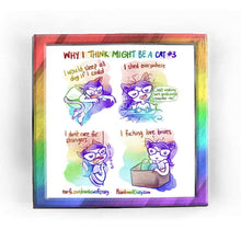 Load image into Gallery viewer, Rainbowofcrazy web comic: I Might Be A Cat #3. / [I would sleep all day if I could,] Jo, with cat ears and a tail, is curled up on the ground, sleeping, drool spilling out of her mouth onto her arm and floor. / [I shed everywhere.] Cat Jo sitting up in bed, hair a mess, stray hairs all over the bed. Jo: "Just making sure you'll always remember me!" / [I don't care for strangers.] Jo Cat, peering around a corner, cat ears turned back. She looks angry. "HISS". / [I fucking love boxes.] Jo sits in a cardboard 
