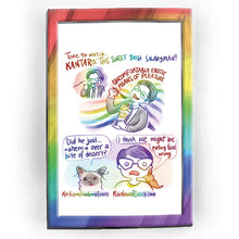 Load image into Gallery viewer, Rainbowofcrazy comic: "Kantaro," [Time to watch.. KANTARO: THE SWEET TOOTH SALARYMAN!!" / A Japanese salaryman adorably eats something on a spoon with a GLOMP / [UNCOMFORTABLY EROTIC MOANS OF PLEASURE] The salaryman leans back, eyes closed, mouth open and smiling in ecstasy. One hand holds the spoon, the other a mango ice cream dessert with a strawberry on top. Waves of rainbow colour flow all around him. / Ragdoll cat, staring ahead, emotionless: "Did he just... ahem over a bite of dessert?" Jo, also stari
