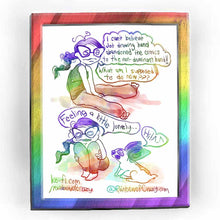 Load image into Gallery viewer, Web comic. (entire comic has been drawn with non-dominant hand) Jo, sitting on floor: &quot;I can&#39;t believe Jo&#39;s drawing hand abandoned the comics to the non-dominant hand!! What am I supposed to do now?&quot; / Jo, curled up in ball on the ground: &quot;Feeling a little lonely...&quot; Slightly crudely drawn rabbit with giant ears: &quot;Hi! ^_^&quot; / ko-fi.com/rainbowofcrazy / @Rainbowofcrazy.com

