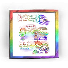 Load image into Gallery viewer, Rainbowofcrazy web comic. / Jo lies in bed, looking sad. She holds a Nintendo Switch in her hands. Jo: &quot;Ugh, I can&#39;t believe gardening season is over! At least I can still play some Animal Crossing.&quot; / Jo&#39;s character in Animal Crossing (she wears a kiwi dress and green shoes, hair in two pigtails). She looks at a sloth character that wears a green hat, orange apron, and green boots, who stands&nbsp; in front of a cart. The sloth: &quot;Hi I&#39;m Leif! I sell plants and seeds and-&quot; / Jo hugs Leif, smiles all around.
