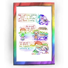 Load image into Gallery viewer, Rainbowofcrazy web comic. / Jo lies in bed, looking sad. She holds a Nintendo Switch in her hands. Jo: &quot;Ugh, I can&#39;t believe gardening season is over! At least I can still play some Animal Crossing.&quot; / Jo&#39;s character in Animal Crossing (she wears a kiwi dress and green shoes, hair in two pigtails). She looks at a sloth character that wears a green hat, orange apron, and green boots, who stands&nbsp; in front of a cart. The sloth: &quot;Hi I&#39;m Leif! I sell plants and seeds and-&quot; / Jo hugs Leif, smiles all around.
