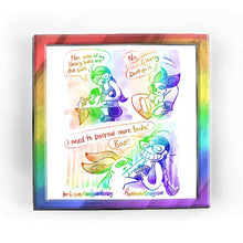 Load image into Gallery viewer, Rainbowofcrazy web comic. / Jo, sitting cross-legged, looking at her phone, with a rabbit lying on her lap: &quot;Hm.. none of my library books are due soon.&quot; / View from Jo&#39;s POV, looking down at the rabbit in her lap. Rabbit: &quot;No.&quot; Jo: &quot;Clearly..&quot; Rabbit: &quot;Don&#39;t do it.&quot; / Jo, holding her phone close, GIANT smile on her face: &quot;I need to borrow more books!&quot; Rabbit, unamused: &quot;Bad!!&quot; / ko-fi.com/rainbowofcrazy / Rainbowofcrazy.com 
