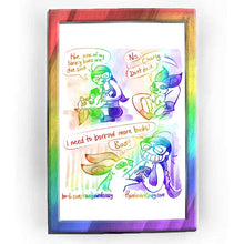 Load image into Gallery viewer, Rainbowofcrazy web comic. / Jo, sitting cross-legged, looking at her phone, with a rabbit lying on her lap: &quot;Hm.. none of my library books are due soon.&quot; / View from Jo&#39;s POV, looking down at the rabbit in her lap. Rabbit: &quot;No.&quot; Jo: &quot;Clearly..&quot; Rabbit: &quot;Don&#39;t do it.&quot; / Jo, holding her phone close, GIANT smile on her face: &quot;I need to borrow more books!&quot; Rabbit, unamused: &quot;Bad!!&quot; / ko-fi.com/rainbowofcrazy / Rainbowofcrazy.com 
