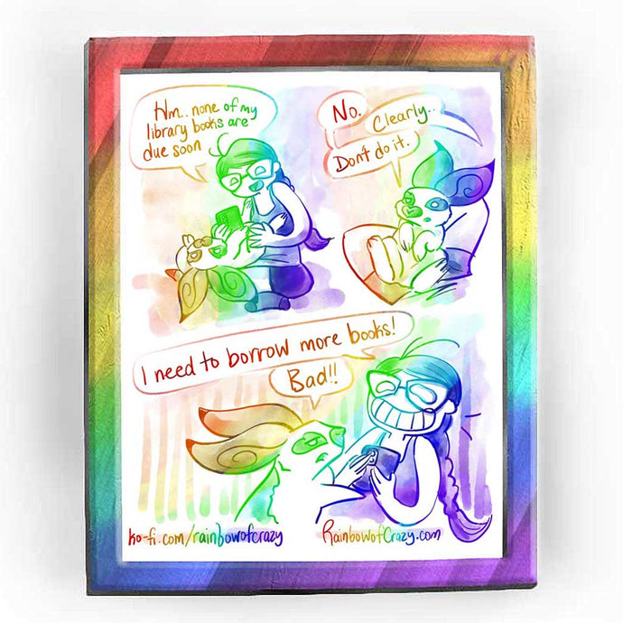Rainbowofcrazy web comic. / Jo, sitting cross-legged, looking at her phone, with a rabbit lying on her lap: 