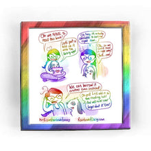 Load image into Gallery viewer, Rainbowofcrazy web comic. / Jo sits cross-legged on the ground. A white &amp; black mini lop rabbit sits in Jo&#39;s lap. They both look at a tablet (it has a heart sticker on the back.) Jo, smiling: &quot;Oh we HAVE to read this book!&quot; Rabbit: &quot;Let&#39;s put a hold on it with the library app!&quot; / Jo, no longer smiling: &quot;Oh hey, it&#39;s actually available to borrow right now...&quot; Rabbit: &quot;Oh.. so we could read it right away? That&#39;s... cool.&quot; / Jo, rubbing the back of her head, smiling: &quot;We can borrow it another time instead!&quot; Ra
