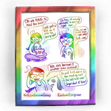 Load image into Gallery viewer, Rainbowofcrazy web comic. / Jo sits cross-legged on the ground. A white &amp; black mini lop rabbit sits in Jo&#39;s lap. They both look at a tablet (it has a heart sticker on the back.) Jo, smiling: &quot;Oh we HAVE to read this book!&quot; Rabbit: &quot;Let&#39;s put a hold on it with the library app!&quot; / Jo, no longer smiling: &quot;Oh hey, it&#39;s actually available to borrow right now...&quot; Rabbit: &quot;Oh.. so we could read it right away? That&#39;s... cool.&quot; / Jo, rubbing the back of her head, smiling: &quot;We can borrow it another time instead!&quot; Ra
