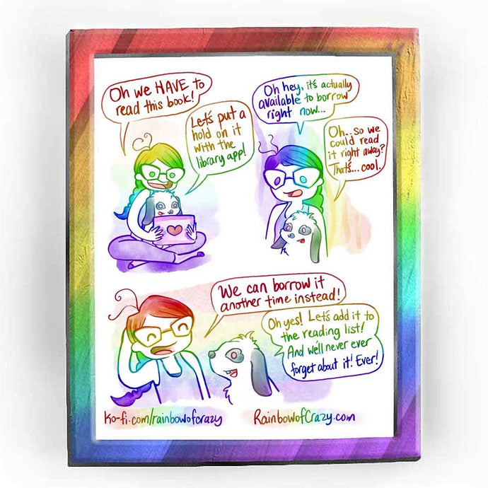 Rainbowofcrazy web comic. / Jo sits cross-legged on the ground. A white & black mini lop rabbit sits in Jo's lap. They both look at a tablet (it has a heart sticker on the back.) Jo, smiling: 