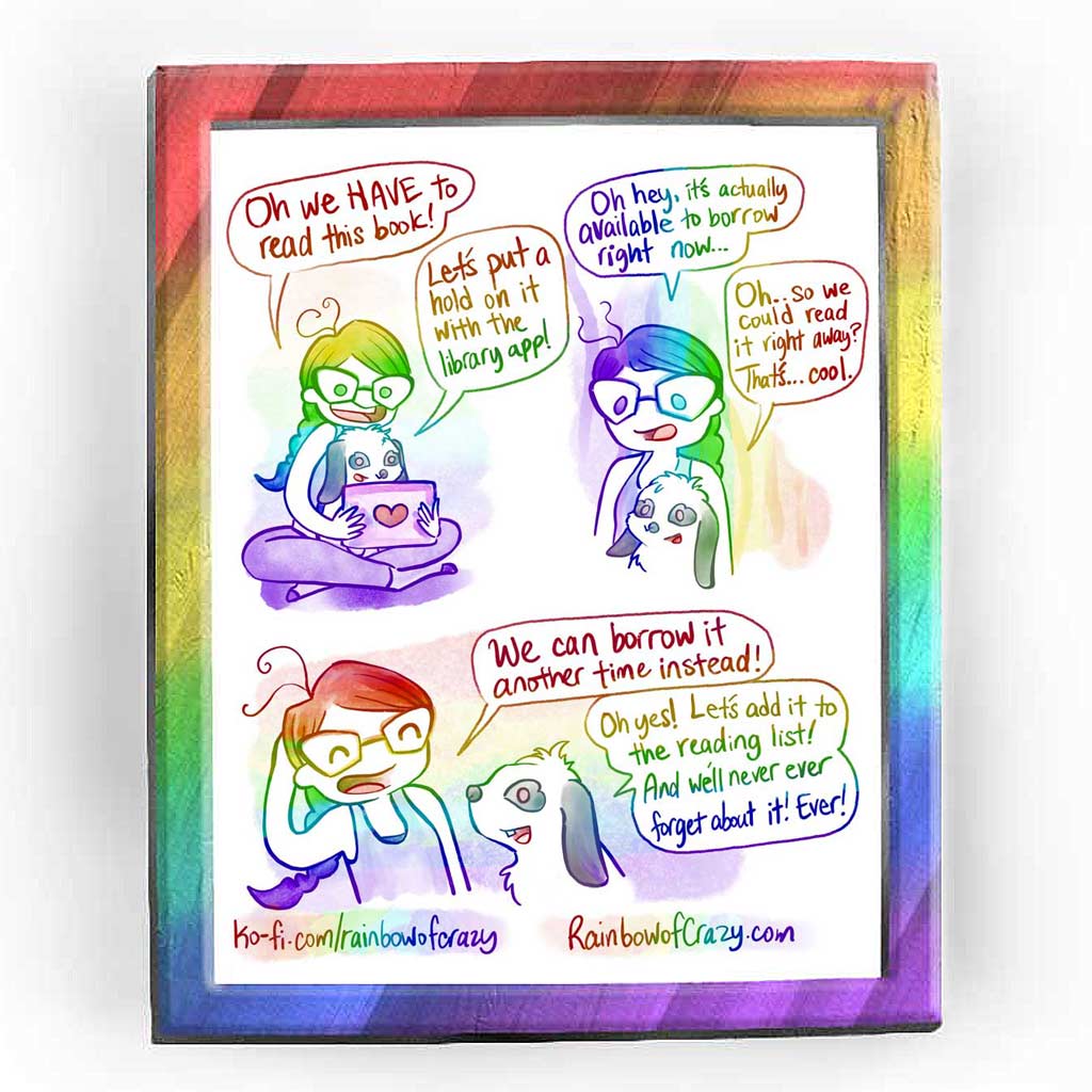 Rainbowofcrazy web comic. / Jo sits cross-legged on the ground. A white & black mini lop rabbit sits in Jo's lap. They both look at a tablet (it has a heart sticker on the back.) Jo, smiling: 