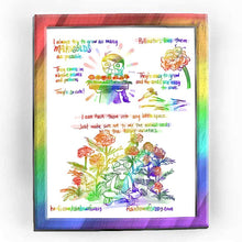 Load image into Gallery viewer, Rainbowofcrazy web comic. / I always try to grow as many MARIGOLDS as possible. They come in so many colours and patterns. They&#39;re so cute! (Jo, smiling, stars in her eyes, proudly holding a tray full of marigold flowers.) / Pollinators love them. (Cartoonish bee with a big smile, cozy in a marigold.) /  They&#39;re easy to grow and the seeds are easy to save. /  I can tuck them into any little space. ... Just make sure not to mix the normal seeds up with the larger varieties. (Jo sitting cross-legged, shocked/
