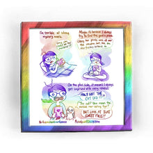 Load image into Gallery viewer, Rainbowofcrazy web comic: Mystery Books. / [I'm terrible at solving mystery novels.] Jo is in bed, reading a book. She frowns. Jo: "Omg who could be the murderer?" / [Maybe it's because I always try to find the good in people.] Jo sits cross-legged. She holds a tablet. A white and black mini lop rabbit is curled up in Jo's lap. Jo: "Okay her prints were all over the weapon.. but, like, she also fosters kittens, so..." / [On the plus side, it means I always get surprised with every reveal.] Jo, holding a tab
