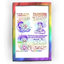 Load image into Gallery viewer, Rainbowofcrazy web comic: Mystery Books. / [I'm terrible at solving mystery novels.] Jo is in bed, reading a book. She frowns. Jo: "Omg who could be the murderer?" / [Maybe it's because I always try to find the good in people.] Jo sits cross-legged. She holds a tablet. A white and black mini lop rabbit is curled up in Jo's lap. Jo: "Okay her prints were all over the weapon.. but, like, she also fosters kittens, so..." / [On the plus side, it means I always get surprised with every reveal.] Jo, holding a tab
