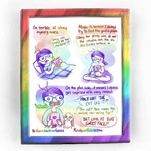 Load image into Gallery viewer, Rainbowofcrazy web comic: Mystery Books. / [I'm terrible at solving mystery novels.] Jo is in bed, reading a book. She frowns. Jo: "Omg who could be the murderer?" / [Maybe it's because I always try to find the good in people.] Jo sits cross-legged. She holds a tablet. A white and black mini lop rabbit is curled up in Jo's lap. Jo: "Okay her prints were all over the weapon.. but, like, she also fosters kittens, so..." / [On the plus side, it means I always get surprised with every reveal.] Jo, holding a tab
