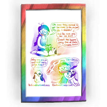 Load image into Gallery viewer, Rainbowofcrazy web comic. / Jo holding a book: &quot;Oh nooo they wanted to get two rooms at the inn, but only ONE is available!&quot; Mini lop rabbit: &quot;Doesn&#39;t this happen every time we read a romance book?&quot; / Rabbit: &quot;Why are you so surprised every single time?&quot; / Jo grabs the rabbit into a big hug: &quot;OHH NOO! WHAT WILL THEY DO!!!!!&quot; / ko-fi.com/rainbowofcrazy / Rainbowofcrazy.com
