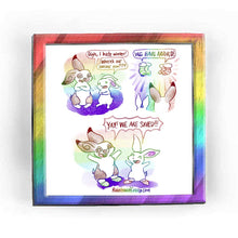 Load image into Gallery viewer, Rainbowofcrazy web comic: Our Saviour. / A white &amp; brown rabbit, arms crossed, shivering: "Ugh, I hate winter!" A smaller white rabbit, also shivering: "Where's our saviour now?" / Two pairs of striped socks appear before the rabbits: "WE HAVE ARRIVED!" / Both rabbits, now donning the socks, arms up in the air in triumph. They both smile: "YAY! WE ARE SAVED!" / Rainbowofcrazy.com
