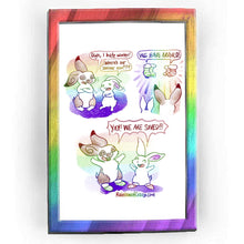 Load image into Gallery viewer, Rainbowofcrazy web comic: Our Saviour. / A white &amp; brown rabbit, arms crossed, shivering: "Ugh, I hate winter!" A smaller white rabbit, also shivering: "Where's our saviour now?" / Two pairs of striped socks appear before the rabbits: "WE HAVE ARRIVED!" / Both rabbits, now donning the socks, arms up in the air in triumph. They both smile: "YAY! WE ARE SAVED!" / Rainbowofcrazy.com

