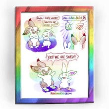 Load image into Gallery viewer, Rainbowofcrazy web comic: Our Saviour. / A white &amp; brown rabbit, arms crossed, shivering: "Ugh, I hate winter!" A smaller white rabbit, also shivering: "Where's our saviour now?" / Two pairs of striped socks appear before the rabbits: "WE HAVE ARRIVED!" / Both rabbits, now donning the socks, arms up in the air in triumph. They both smile: "YAY! WE ARE SAVED!" / Rainbowofcrazy.com
