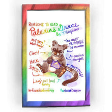 Load image into Gallery viewer, Full alt text: Rainbowofcrazy web comic. Reasons to read Paladins Grace, by T. Kingfisher. A civet sits on the ground, knitting. Different notes are listed, all with arrows pointing to the civet: Will they? Won&#39;t they? / Civet! / HULK SMASH! / Laugh out loud funny. / The most MEMORABLE first encounter. / A+ anxious thoughts. / KNITTING! / ko-fi.com/rainbowofcrazy / Rainbowofcrazy.com&nbsp;
