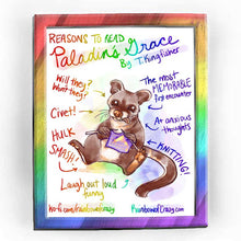 Load image into Gallery viewer, Full alt text: Rainbowofcrazy web comic. Reasons to read Paladins Grace, by T. Kingfisher. A civet sits on the ground, knitting. Different notes are listed, all with arrows pointing to the civet: Will they? Won&#39;t they? / Civet! / HULK SMASH! / Laugh out loud funny. / The most MEMORABLE first encounter. / A+ anxious thoughts. / KNITTING! / ko-fi.com/rainbowofcrazy / Rainbowofcrazy.com&nbsp;
