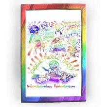 Load image into Gallery viewer, Rainbowofcrazy web comic. / Jo, wearing a dress, sunglasses, holding a tablet: &quot;LET&#39;S GET THIS PARTY STARTED!&quot; / Mini lop rabbit holds up a bowl of popcorn. [SNACKY SNACKS!] / White rabbit pulls a container filled with drinks. [DRINKY DRINKS!] / Brown &amp; white rabbit holds several blankets trailing behind him. [ALL THE BLANKETS!] / Tabby cat holds a stack of books. [ALL THE BOOKS!] / Jo, surrounded by all the animals. Brown &amp; white rabbit eats popcorn. Tabby cat and mini lop are sharing a book. White rabbit 
