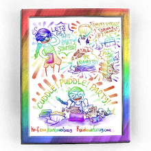 Load image into Gallery viewer, Rainbowofcrazy web comic. / Jo, wearing a dress, sunglasses, holding a tablet: &quot;LET&#39;S GET THIS PARTY STARTED!&quot; / Mini lop rabbit holds up a bowl of popcorn. [SNACKY SNACKS!] / White rabbit pulls a container filled with drinks. [DRINKY DRINKS!] / Brown &amp; white rabbit holds several blankets trailing behind him. [ALL THE BLANKETS!] / Tabby cat holds a stack of books. [ALL THE BOOKS!] / Jo, surrounded by all the animals. Brown &amp; white rabbit eats popcorn. Tabby cat and mini lop are sharing a book. White rabbit 
