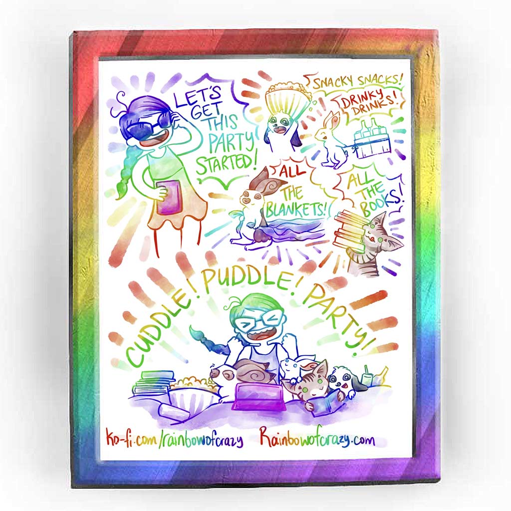 Rainbowofcrazy web comic. / Jo, wearing a dress, sunglasses, holding a tablet: 