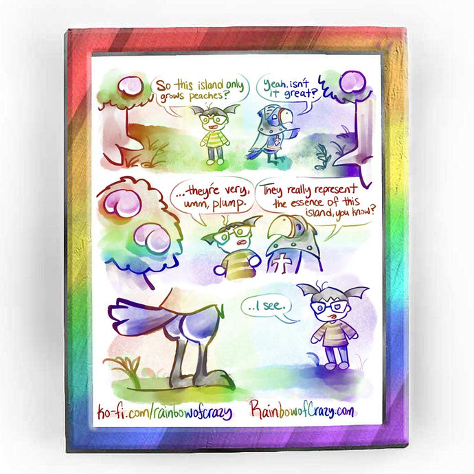 Rainbowofcrazy web comic. / Jo's character, in the game Animal Crossing: New Horizons, stands next to a blue eagle wearing a knight's helmet. On either side of them are peach trees. Jo: 