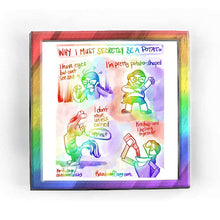 Load image into Gallery viewer, Rainbowofcrazy web comic. Title: &quot;Why I must secretly be a potato.&quot; / &quot;I have eyes but can&#39;t see shit.&quot; Jo squinting at a tiny piece of paper (nod to Ben Chang from Community.) / &quot;I&#39;m pretty potato-shaped.&quot; Jo drawn in the style of Steven Universe, pulling up her shirt slightly to reveal, well, a lack of gem, so just a belly. / &quot;I don&#39;t move unless carried.&quot; Jo drawn as a cat, on her hind legs, front paws high up into the airL &quot;Uppies!!&quot; / &quot;Ketchup and I belong together&quot; Jo drawn like a Canadian from South 
