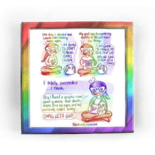 Load image into Gallery viewer, Rainbowofcrazy web comic: Quality of Life. / [One day I decided that I should start reading books again.] Jo: "I AM GOING TO START READING BOOKS AGAIN!" Jo sits cross-legged on the ground, holding her phone. A white &amp; black mini lop rabbit sits on the ground near her. / [My goal was to improve my quality of life and learn new things.] Jo: "I AM GOING TO IMPROVE MY QUALITY OF LIFE." Rabbit: "AND WE CAN LEARN NEW THINGS." Jo is now holding a book instead of a phone. The rabbit is sitting a little bit clos
