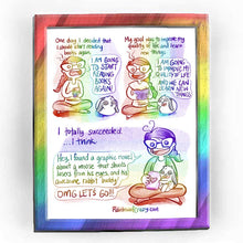 Load image into Gallery viewer, Rainbowofcrazy web comic: Quality of Life. / [One day I decided that I should start reading books again.] Jo: "I AM GOING TO START READING BOOKS AGAIN!" Jo sits cross-legged on the ground, holding her phone. A white &amp; black mini lop rabbit sits on the ground near her. / [My goal was to improve my quality of life and learn new things.] Jo: "I AM GOING TO IMPROVE MY QUALITY OF LIFE." Rabbit: "AND WE CAN LEARN NEW THINGS." Jo is now holding a book instead of a phone. The rabbit is sitting a little bit clos
