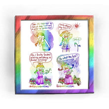 Load image into Gallery viewer, Rainbowofcrazy web comic. / Jo looking at her phone: &quot;Ooh it&#39;s supposed to rain all day. I don&#39;t need to water the garden then!&quot; / Jo, outside, wearing a raincoat, pants and rain hat, glaring at the sky: &quot;Omfg where&#39;s my rain???&quot; A sun shines in the sky with a smug look on its face. A tomato plant appears on the bottom right, looking wilted. A thought bubble appears over it: &quot;Water, plz...&quot; / Jo&#39;s Animal Crossing character, with two pigtails, dresed as Princess Peach. She is smiling and holding up a waterin

