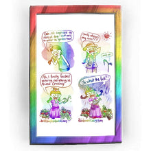Load image into Gallery viewer, Rainbowofcrazy web comic. / Jo looking at her phone: &quot;Ooh it&#39;s supposed to rain all day. I don&#39;t need to water the garden then!&quot; / Jo, outside, wearing a raincoat, pants and rain hat, glaring at the sky: &quot;Omfg where&#39;s my rain???&quot; A sun shines in the sky with a smug look on its face. A tomato plant appears on the bottom right, looking wilted. A thought bubble appears over it: &quot;Water, plz...&quot; / Jo&#39;s Animal Crossing character, with two pigtails, dresed as Princess Peach. She is smiling and holding up a waterin

