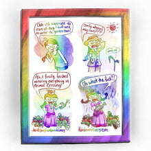 Load image into Gallery viewer, Rainbowofcrazy web comic. / Jo looking at her phone: &quot;Ooh it&#39;s supposed to rain all day. I don&#39;t need to water the garden then!&quot; / Jo, outside, wearing a raincoat, pants and rain hat, glaring at the sky: &quot;Omfg where&#39;s my rain???&quot; A sun shines in the sky with a smug look on its face. A tomato plant appears on the bottom right, looking wilted. A thought bubble appears over it: &quot;Water, plz...&quot; / Jo&#39;s Animal Crossing character, with two pigtails, dresed as Princess Peach. She is smiling and holding up a waterin
