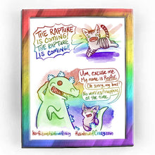 Load image into Gallery viewer, Full alt text: Rainbowofcrazy web comic. / Tabby cat running: &quot;THE RAPTURE IS COMING! THE RAPTURE IS COMING!&quot; / Reptar, a dinosaur from Rugrats: &quot;Um, excuse me. My name is REPTAR.&quot; Cat: &quot;Oh sorry, my bad!&quot; Reptar: &quot;No worries! Happens all the time.&quot; / ko-fi.com/rainbowofcrazy / Rainbowofcrazy.com&nbsp;
&nbsp;
