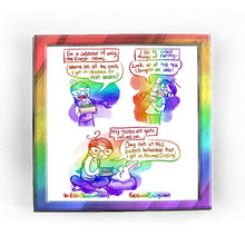 Load image into Gallery viewer, Rainbowofcrazy web comic. / [I&#39;m a collector of only the finest items.] Jo holding a box: &quot;Wanna see all the seeds I got on clearance for next season?&quot; / [I like to collect things of rarity.] Jo holding several small boxes: &quot;Look at all this tea I bought on sale!&quot; / [My tastes are quite refined, see.] Jo is sitting on the ground, holding a Nintendo Switch. Next to her is a white rabbit sitting on a pillow. Jo: &quot;Omg look at this badass bulbasaur hat I got in Animal Crossing!&quot; / Rainbowofcrazy.com
