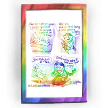 Load image into Gallery viewer, Rainbowofcrazy web comic. / White rabbit, lying down on a reclining seat: &quot;I feel like I don&#39;t get enough respect, you know? Like everyone treats me like a baby.&quot; / Jo, wearing a collared shirt, sitting in a plaid seat, holding a notebook and pen: &quot;Hm, I see. Have you tried being a cutie patootie sweetie pie?&quot; / White rabbit gets up slightly, glaring at Jo: &quot;You really suck at this.&quot; Jo, kneeling down to be eye level with the rabbit, hands on face, smiling real big: &quot;Omfg wittle baby so cute when you&#39;re ang
