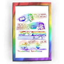 Load image into Gallery viewer, Rainbowofcrazy web comic. / Jo, head resting on her hand, staring at the computer monitor (which has a smiley face on the screen.) Jo: &quot;Okay, you updated. Let&#39;s shut dow-&quot; / Computer monitor: &quot;LOL NOT YET I JUST HAD AN UNEXPECTED ERROR LET ME RESTART FOR YOU&quot; The screen shows a smiley face next to the words &quot;PROBLEM. RESTART. 0% COMPLETE.&quot; Jo&#39;s eyes narrow. / Close-up of Jo&#39;s face, eyes narrow further. She frowns. / Close-up of the screen, showing the smiley face. / Jo chases the computer monitor + tower, w
