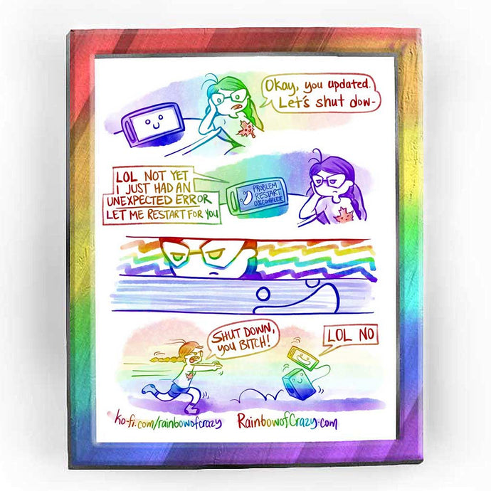 Rainbowofcrazy web comic. / Jo, head resting on her hand, staring at the computer monitor (which has a smiley face on the screen.) Jo: 