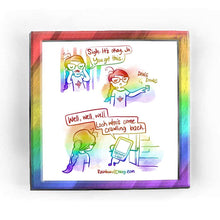 Load image into Gallery viewer, Rainbowofcrazy web comic. / Jo, hands on her face, eyes closed, in concentration. Jo: &quot;Sigh. It&#39;s okay, Jo. You got this.&quot; / Jo, frowning, looking away, as she rings a doorbell. &quot;DING DONG&quot; / &quot;Well, well, well. Look who&#39;s come crawling back.&quot; says a.. rectangular light box character. The words &quot;Therapy Light&quot; appear on the character, who also has arms and legs. It leans smugly with one arm against the door frame. POV is slightly behind Jo. / Rainbowofcrazy.com&nbsp;
