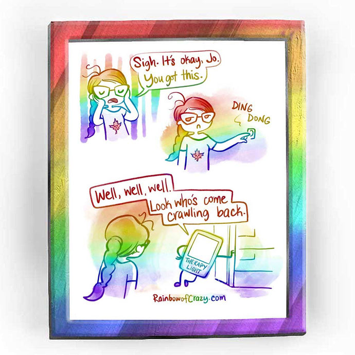 Rainbowofcrazy web comic. / Jo, hands on her face, eyes closed, in concentration. Jo: 