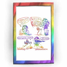 Load image into Gallery viewer, web comic. Jo, sitting up in bed, arms crossed, hair untied, with a grumpy pouty face: &quot;It&#39;s SPRING, damn it! I&#39;m going to wear some dang shorts.&quot; / Bunny looking up at Jo: &quot;You look a lil cold. Why are you wearing shorts?&quot; Jo, with shorts, shoes, and a long sleeve sweater, arms crossed over herself, hugging herself tightly, hair tied up, entire body shivering: &quot;I CAN&#39;T GO BACK NOW! I COMMITTED!&quot; / Bunny, gently smiling, placing a paw on Jo&#39;s shoe: &quot;Would you like a blanket?&quot; Jo, now on the floor, arms stil
