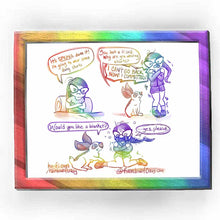 Load image into Gallery viewer, web comic. Jo, sitting up in bed, arms crossed, hair untied, with a grumpy pouty face: &quot;It&#39;s SPRING, damn it! I&#39;m going to wear some dang shorts.&quot; / Bunny looking up at Jo: &quot;You look a lil cold. Why are you wearing shorts?&quot; Jo, with shorts, shoes, and a long sleeve sweater, arms crossed over herself, hugging herself tightly, hair tied up, entire body shivering: &quot;I CAN&#39;T GO BACK NOW! I COMMITTED!&quot; / Bunny, gently smiling, placing a paw on Jo&#39;s shoe: &quot;Would you like a blanket?&quot; Jo, now on the floor, arms stil
