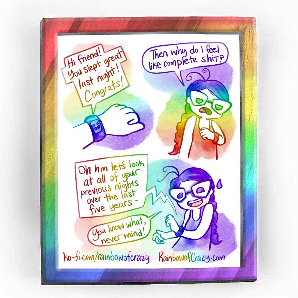 Rainbowofcrazy web comic. / POV Jo looking at the watch on her wrist. The watch, with a smiley face on the screen: 