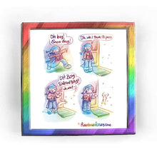 Load image into Gallery viewer, Rainbowofcrazy Comics: "Snow Day"
1. Jo, dressed in full winter wear (clunky coat, wide pants, boots, scarf, hat, and earmuffs) prances along with a giant smile: "Oh boy! Snow day!"
2. Jo pauses, facing an open door. She stares at the snow outside. "Oh, uh, I think I'll pass."
3. A white rabbit suddenly dashes by, taking a leap towards the open door. Rabbit: "OH BOY SNOW DAY!!" Jo: "Uh, wait -"
4. The rabbit comically splats into a wall - a wall of snow. What looked like snow falling outside was actually an
