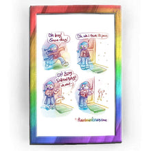 Load image into Gallery viewer, Rainbowofcrazy Comics: "Snow Day"
1. Jo, dressed in full winter wear (clunky coat, wide pants, boots, scarf, hat, and earmuffs) prances along with a giant smile: "Oh boy! Snow day!"
2. Jo pauses, facing an open door. She stares at the snow outside. "Oh, uh, I think I'll pass."
3. A white rabbit suddenly dashes by, taking a leap towards the open door. Rabbit: "OH BOY SNOW DAY!!" Jo: "Uh, wait -"
4. The rabbit comically splats into a wall - a wall of snow. What looked like snow falling outside was actually an
