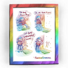 Load image into Gallery viewer, Rainbowofcrazy Comics: "Snow Day"
1. Jo, dressed in full winter wear (clunky coat, wide pants, boots, scarf, hat, and earmuffs) prances along with a giant smile: "Oh boy! Snow day!"
2. Jo pauses, facing an open door. She stares at the snow outside. "Oh, uh, I think I'll pass."
3. A white rabbit suddenly dashes by, taking a leap towards the open door. Rabbit: "OH BOY SNOW DAY!!" Jo: "Uh, wait -"
4. The rabbit comically splats into a wall - a wall of snow. What looked like snow falling outside was actually an

