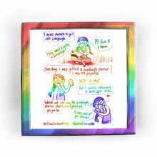 Load image into Gallery viewer, Rainbowofcrazy web comic. [I never planned to get into sourdough.] Rabbit, lying down on Jo&#39;s lap: &quot;Hey, what exactly is sourdough?&quot; Jo, distracted by her phone: &quot;Pft fuck if I know.&quot; / [One day, I was gifted a sourdough starter. I was not prepared.] Jo, holding a small jar: &quot;WTF is this?&quot; [But I quickly welcomed it with open arms.] / [Watch out: one day the sourdough starter distribution system will get you too.] Jo, smiling, caressing the little jar: &quot;I&#39;ll take care of you forever.&quot; / ko-fi.com/rainbowofc
